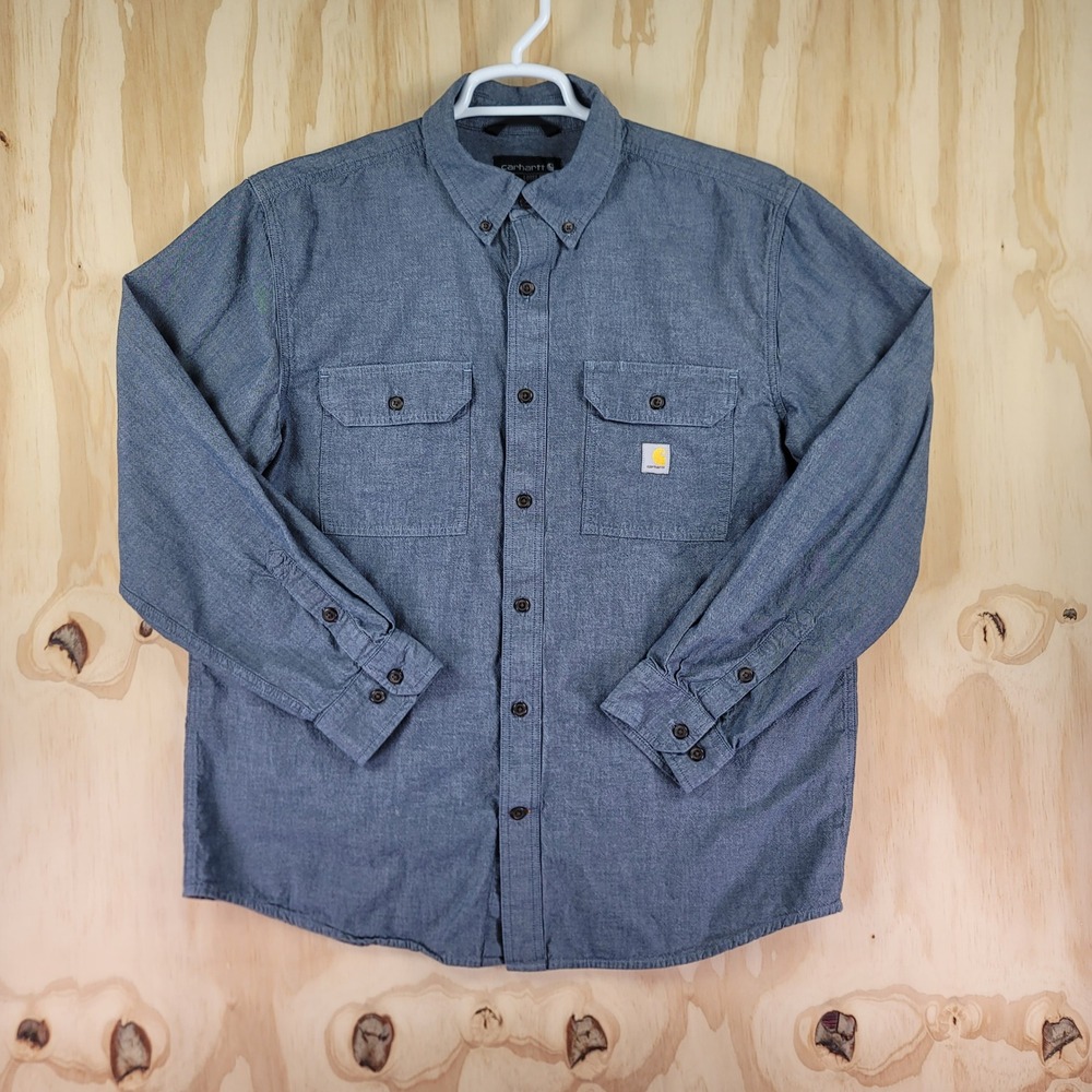 Carhartt Button Down Shirt Mens L Blue Loose Fit Chambray Long Sleeve TW4368-M - Picture 2 of 7